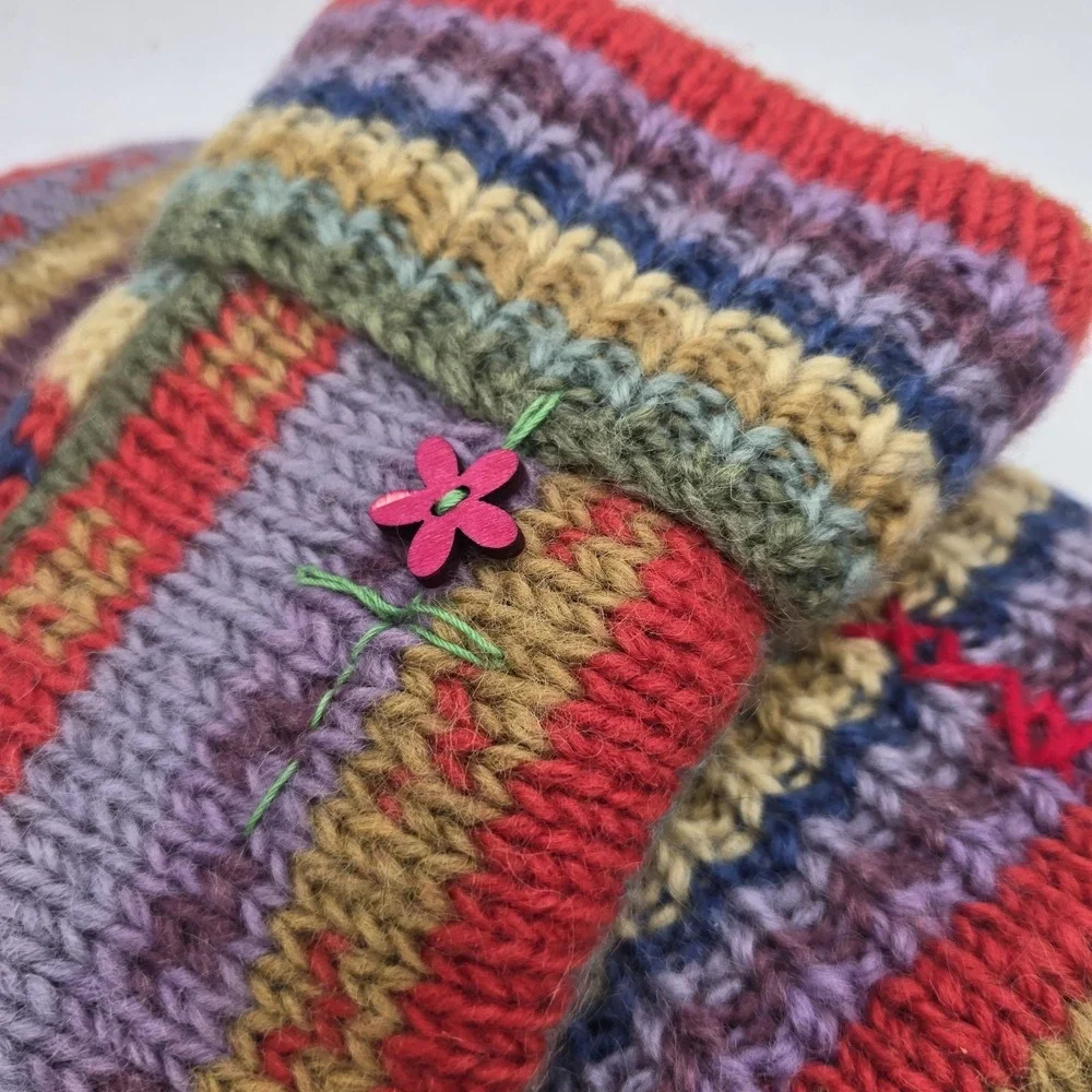 Hand Knit Wool Mittens‎ Fluffy Sherpa Lining Heavyweight Stripes Colorful Warm